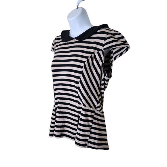 Vintage Y2K Cap Sleeve Peplum Striped Top Womens L Black White Pinup Demure - Picture 2 of 6